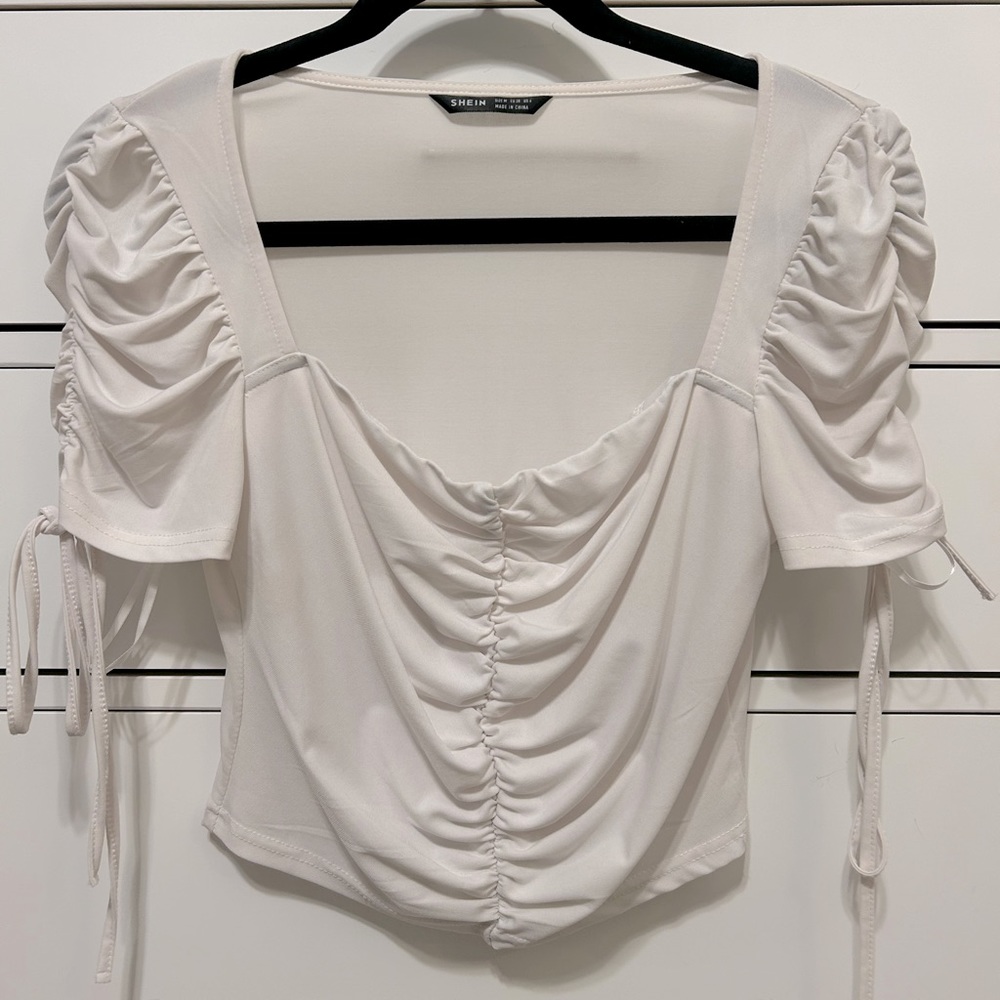 Square neck ruched white top